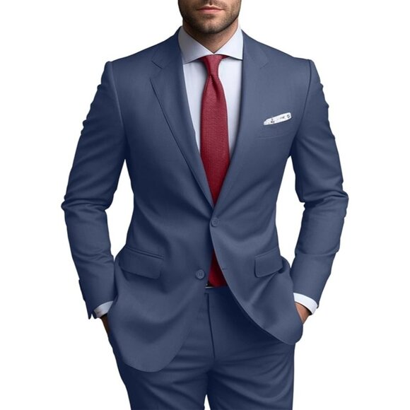 Men’s 2-Piece Slim Fit Suit XXL Dusty Blue Jacket & Pants Wedding, Business, 2XL - Picture 1 of 6